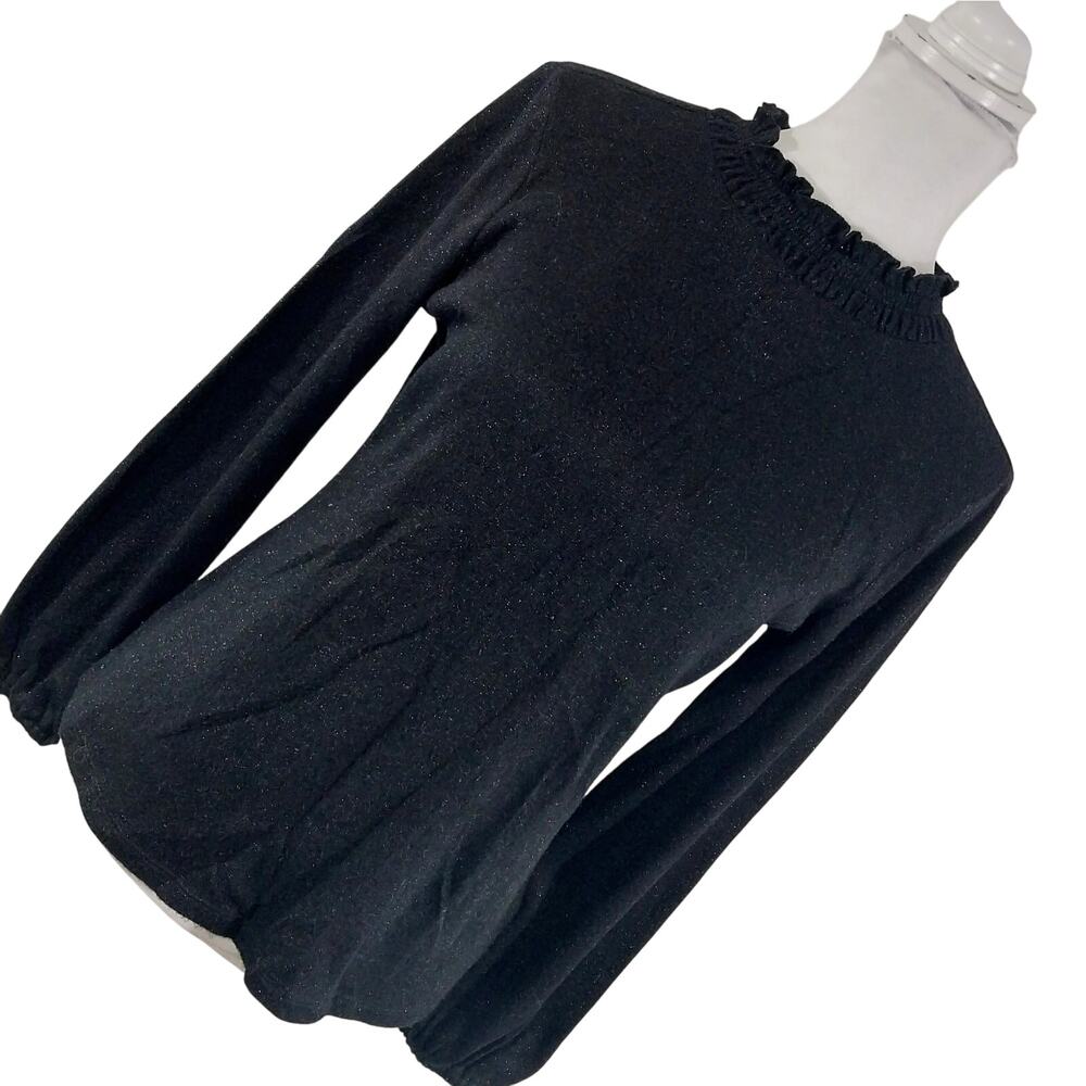 TALBOTS PETITE! BLACK W/SUBTLE BLACK SHIMMER METALLIC VELVET NECK SWEATER! SZ SP